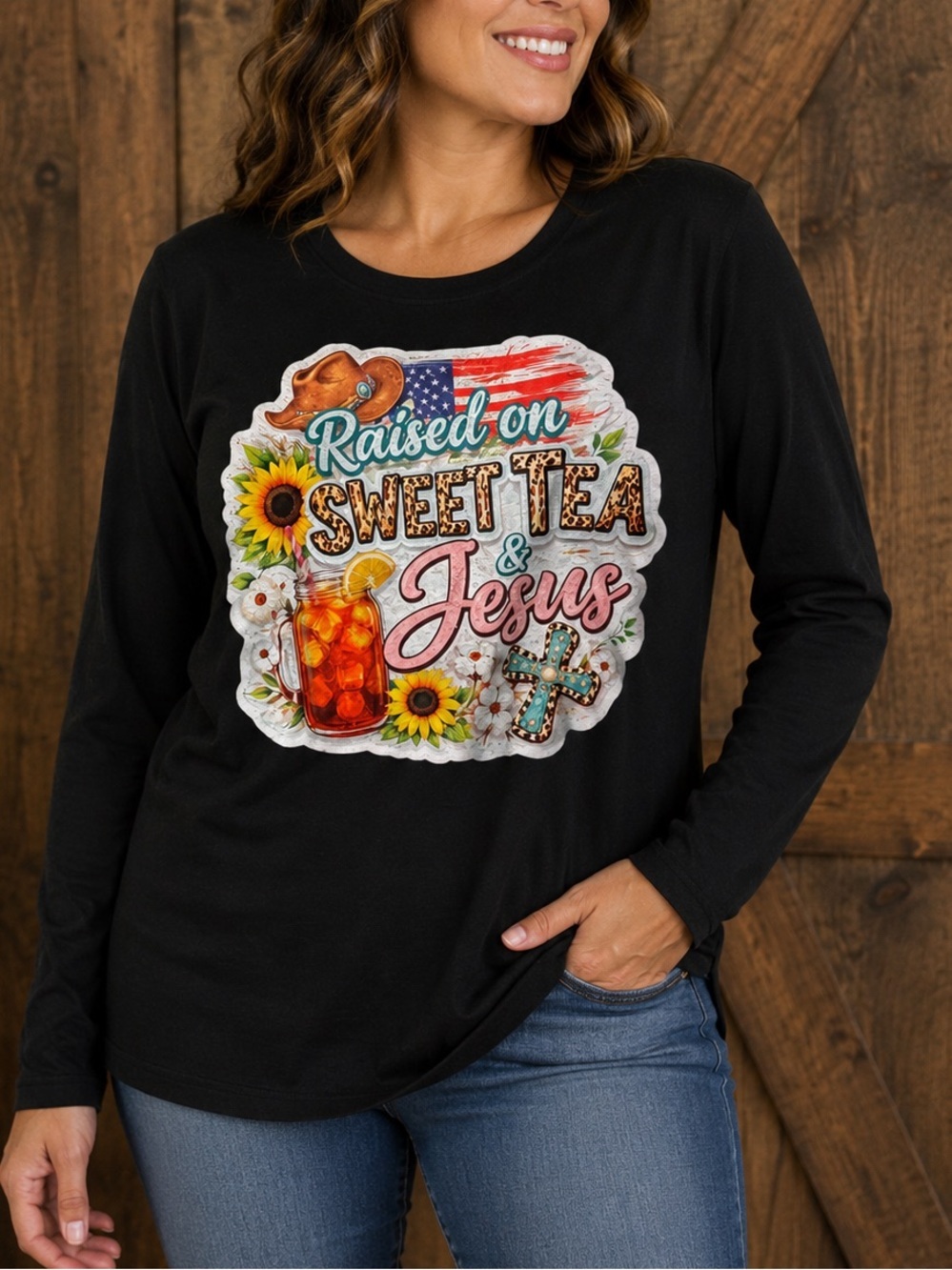 Raised on Sweet Tea & Jesus Black Graphic Long Sleeve Tee juniors LARGE